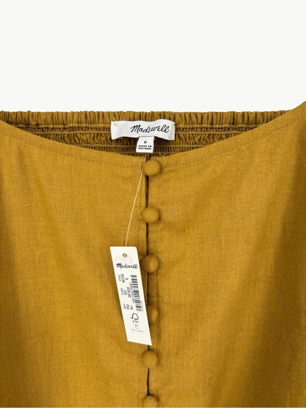 Madewell Button Front Smocked Back Blouse Size 6 Bronzed Lichen Hemp NWT Casual